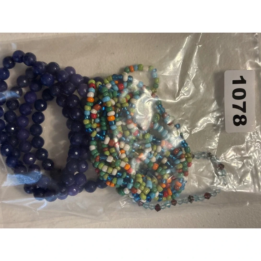 Set of 7 Beaded Stretch Bracelets Blue Multi Color Glass Bead‎ Boho Stacking